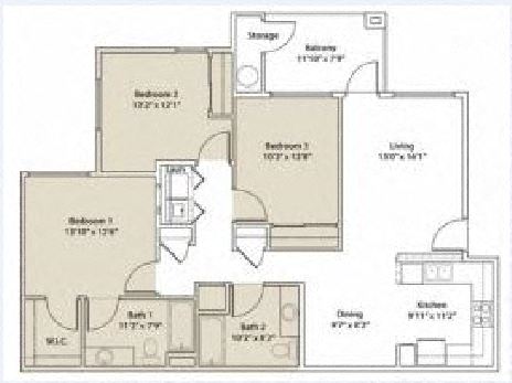 Floor plan for 3 beds, 2 baths, 1341 sqft